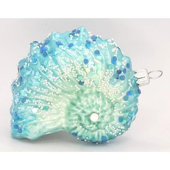 Vintage Blown Glass Sea Shell Beaded Christmas Ornament Teal Blue PB178 - Picture 1 of 5